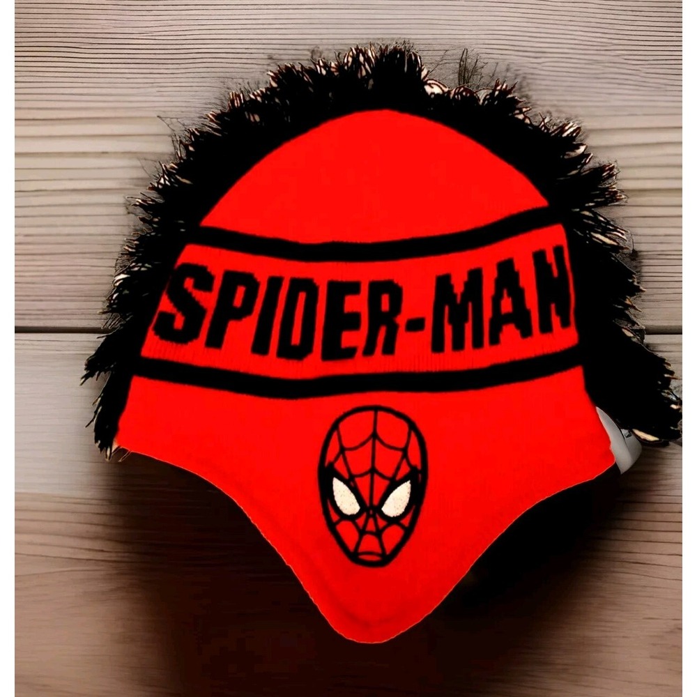 Marvel Spider-Man Beanie Hat Kids One Size Red Mohawk Fleece Lined Knit Cap